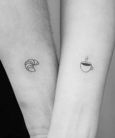 Coffee Friend Tattoo, Couple Food Tattoos, Bff Fine Line Tattoo, Dunkin Tattoo, Coffee Croissant Tattoo, Food Matching Tattoos, Coffee And Donut Tattoo, Minimal Coffee Tattoo, Coffee Couple Tattoo