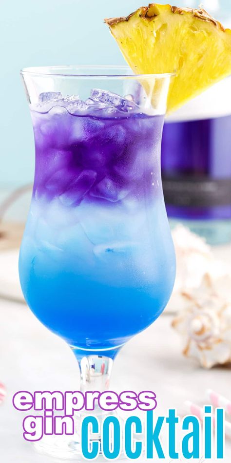 These Empress gin cocktails are beautiful, delicious, and are a perfect summer party drink. The layered look is easy to make, but your guests will be in awe! Impress Gin Cocktails, Empress Indigo Gin Cocktail, Birthday Cocktail Ideas, Empress Gin Cocktail Recipe, Empress Gin Cocktail, Fruity Cocktail Recipes, Empress Gin, Summer Party Drink, Romantic Drinks