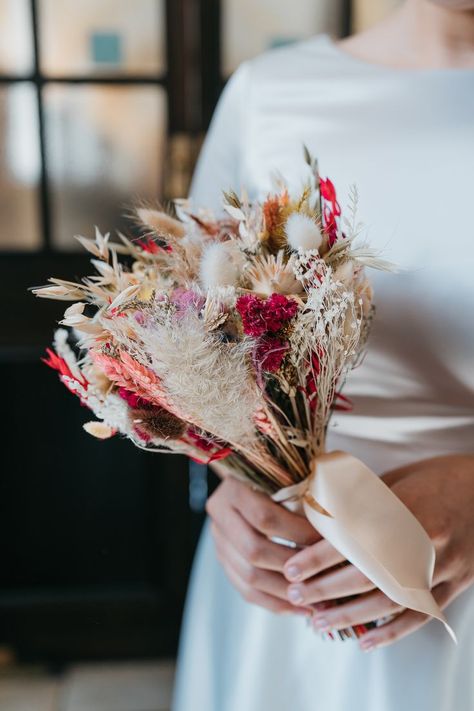 Small Dried Flower Bouquet for Bride Wedding Bouquet After Wedding Ideas Dried Flowers, Small Dried Flower Bouquet Wedding, Dried Flower Bridal Bouquet Rustic, Rustic Dried Flower Bouquet, Bright Dried Flower Bouquet, Registry Office Wedding, Wedding Bouquet Preservation, Summer Wedding Bouquets, Bouquet Preservation