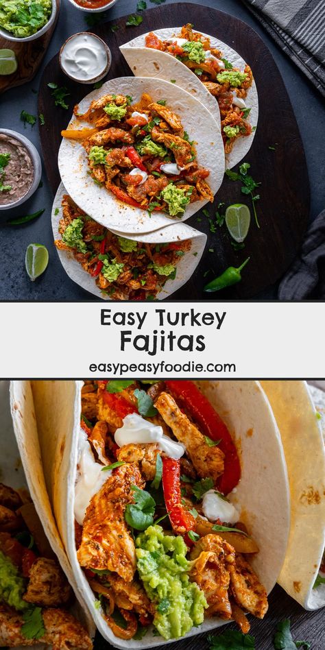 Turkey makes a delicious alternative to chicken in these Easy Turkey Fajitas. You can use fresh turkey breast OR leftover roast turkey in these easy peasy homemade fajitas – either way they are ready in under 30 minutes. #turkey #turkeyfajitas #leftoverturkey #turkeybreast #leftoverturkeyfajitas #fajitas #mexicanfood #texmex #texmexfood #easyentertaining #easymidweekmeals #easymeals #midweekmeals #easydinners #dinnertonight #dinnertonite #familydinners #familyfood #easypeasyfoodie Turkey Fajitas, Homemade Fajitas, Roasted Sweet Potato Cubes, Easy Homemade Salsa, Chicken Fajita Pasta, Fajita Vegetables, Homemade Fajita Seasoning, Salsa Guacamole, Fresh Turkey