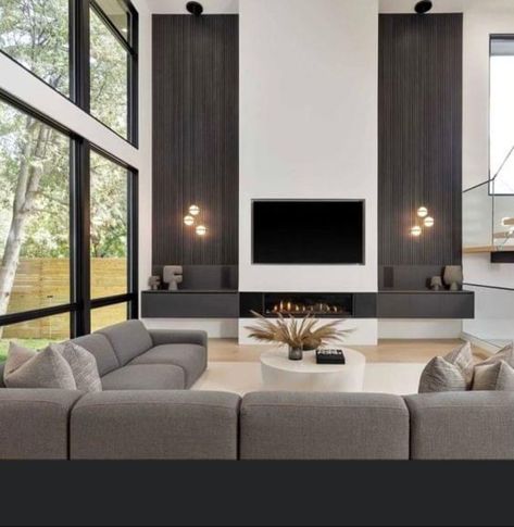 Fireplace Modern Design, Contemporary Fireplace Designs, High Ceiling Living Room, Garden Tattoo, Living Room Decorating Ideas, Family Room Fireplace, Living Room Decorating, Tv Wall Decor, Living Room Decor Fireplace