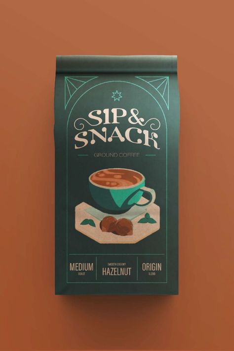 Dark green and brown 'SIP & SNACK' hazelnut flavoured coffee bag packaging Coffee Bag Packaging, Flavoured Coffee, Chip Packaging, Tea Labels, Coffee Label, Coffee Box, Packaging Label Design, Coffee Logo, Tea Brands