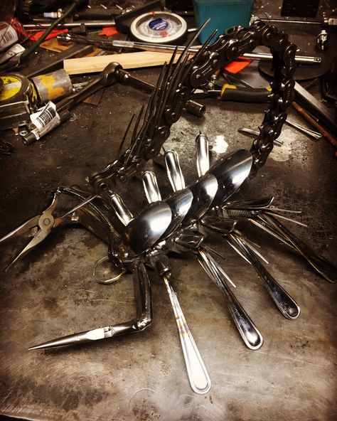 Metal scorpion by Teigen Arts!  #upcycled #recycled #metalart #welded #weldporn #mig #scorpion #nature Scorpion Metal Art, Metal Scorpion, Weld Art, Cooper Union, Art For Beginners, Metal Figurines, Welding Art, Scrap Metal, Metal Work