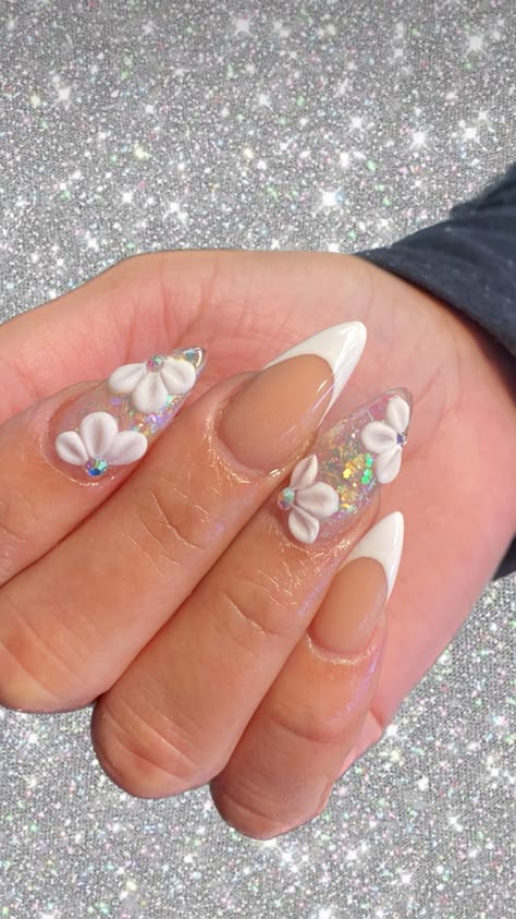 Birthday Nails With 3d Flowers, Almond French Tip Nails With 3d Flower, Acrylic Flowers On Nails 3d, Almond Nails With 3d Flower, Almond Flower Nails, Stelleto Nails, Almond French Tip, Classic French Tip, Emoji Nails