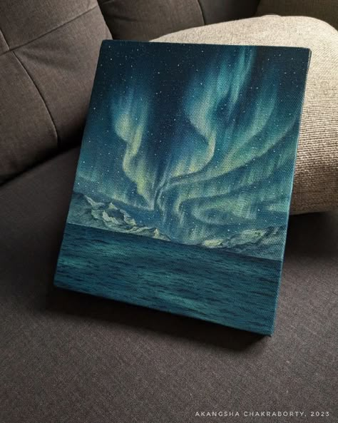 Canvas Painting Ideas Northern Lights, Aurora Borealis Painting, Painting Starry Night, Night Sky Art, Green To Blue, Canvas Painting Designs, Painting Art Lesson, Small Canvas Art, Starry Night Sky