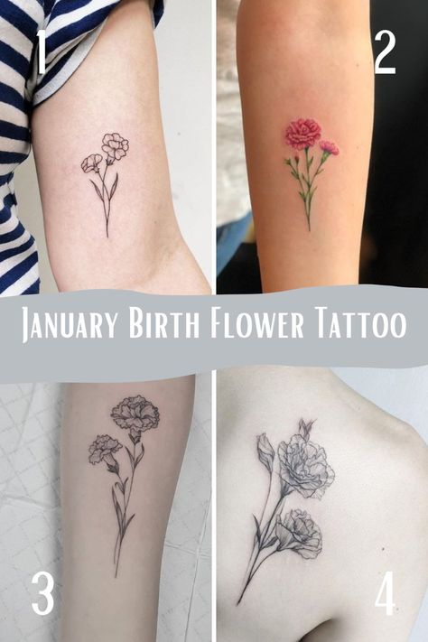 January Birth Flower Tattoo Designs {The Carnation} - TattooGlee January Birth Tattoo Ideas, Birth Flower Tattoos Carnation, January Birth Flowers Tattoo, Birth Flower Carnation Tattoo, Flower Capricorn Tattoo, Capricorn Birth Flower Tattoo, Carnation Capricorn Tattoo, Birth Flower For January, January Tattoo Ideas Births