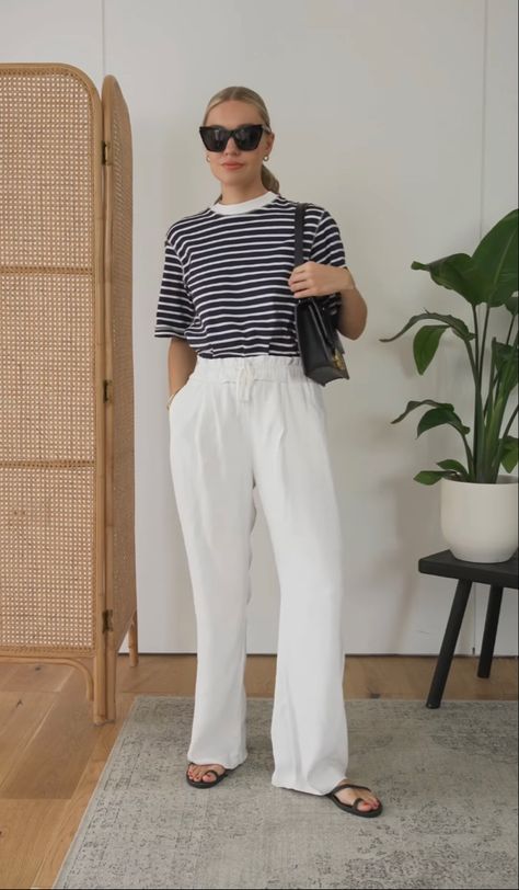 White Linen Pants Street Style, White Linen Pants Outfit Casual, Linen Trousers Outfit Summer, Cream Linen Pants Outfit, Lydia Tomilson, White Linen Trousers Outfit, Amber Outfit, Linen Pants Outfit Work, Lydia Outfits