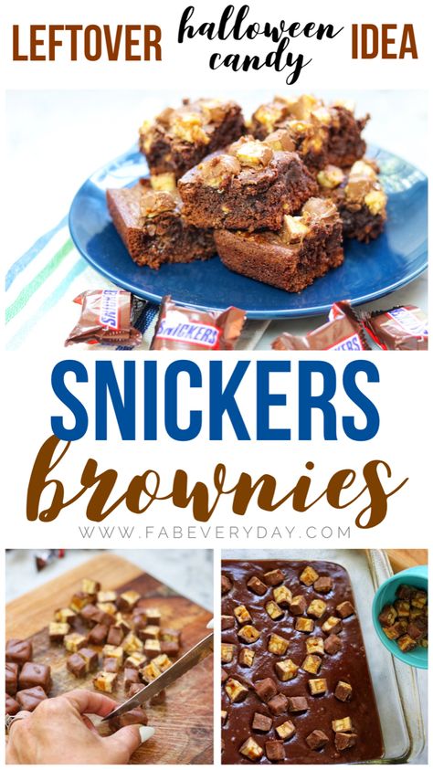 Brownie Easy, Leftover Halloween Candy Recipes, Basic Brownie Recipe, Snickers Brownies, Easy Brownie Recipe, Halloween Candy Recipes, Snickers Recipe, Snicker Brownies, Easy Brownie