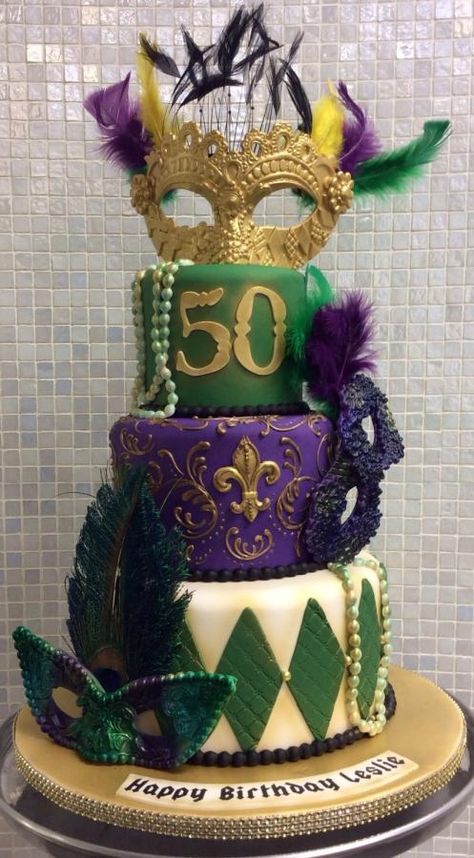 Mardi Gras Birthday - Cake by Over The Top Cakes Designer Bakeshop Mardi Gras Birthday Cake, 50th Birthday Cake Ideas, 50th Birthday Cakes, Masquerade Cakes, Mardi Gras Birthday, Mardi Gras Cake, Madi Gras, Mardi Gras Party Decorations, Mardi Gras Wedding