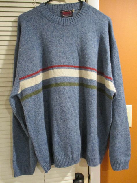 VINTAGE 90s Milford Sportswear Sweater XL Men's Blue with Red Green & White Stripe USA Wool Blend Good Condition armpit to armpit laying flat 24 1/2'                                                                       " shoulder to hem 29" SMOKE AND PET FREE HOME Random Clothes, 80s Sweater, Red Fashion, Blue Stripes, Blue Man, Red Green, Sweater Outfits, White Stripe, Vintage 90s