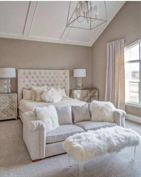 Serene Bedroom Bedroom Greige, Bedroom Peaceful, Tan Bedroom, Bedroom With Sitting Area, Bedroom Farmhouse, Farmhouse Master, Bedroom Master, Versace Home, Bedroom Paint Colors