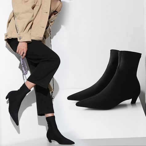 CHIKO BICKFORD KITTEN HEEL PULL ON SOCK BOOTS Kitten Heel Sock Boots, Kitten Heel Booties Outfit, Kitten Heel Ankle Boots Outfit, Low Heel Boots Outfit, Low Heeled Boots Outfit, Kitten Heel Boots Outfit, Pointed Boots Outfit, Suede Ankle Boots Outfit, Heeled Ankle Boots Outfit