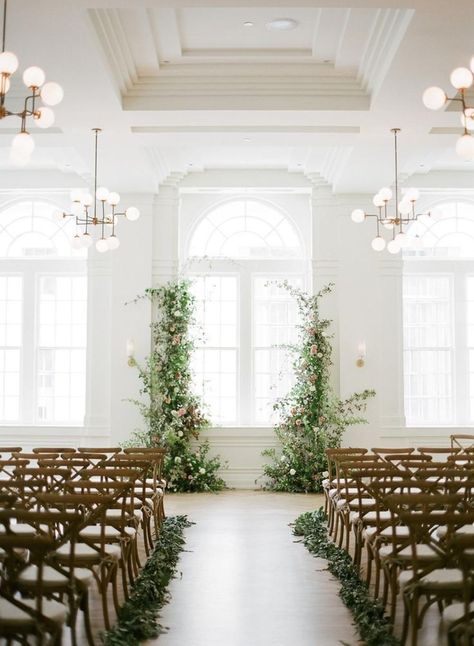 Wedding Aisle Vintage Design Greenery Backdrops Greenery Wedding Decor, Ceremony Details, Wedding Ceremony Ideas, Indoor Wedding Ceremonies, Wedding Altars, Wedding Ceremony Backdrop, Indoor Ceremony, Ceremony Inspiration, Floral Backdrop