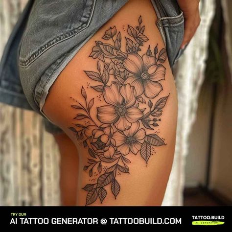 You know what's worse than having a messed up tattoo design on your skin forever? Getting called out about that epic fail online Tattoo Idea Thigh, Womens Tattoos Thigh, Floral Tattoo Design Thigh, Top Of Thigh Tattoo, Thigh Tattoos Ideas For Women, Leg Tattoo For Woman, Flower Knee Tattoos Women, Women’s Hip Tattoo, Floral Tattoo Thigh