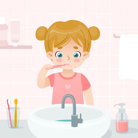 Vector cute girl brushes her teeth in th... | Premium Vector #Freepik #vector #brushing-teeth #kids-teeth #baby-tooth #baby-teeth Girl Brushing Teeth, Aura Book, Teeth Games, Routine School, Teeth Drawing, Tooth Cartoon, Post Sticker, Bathroom Cartoon, Morning Routine School