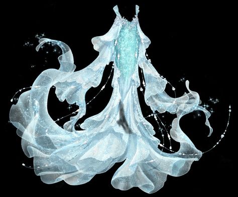 Anime Water Clothes, White Mermaid Tail Art, Water Themed Dress Drawing, Ice Themed Outfit Drawing, Flowing Dress Drawing, Water Clothing Design, Water Like Dress, Water Clothes Drawing, Mermaid Fashion Design