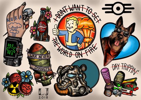 Fallout Tattoo Flash Sheet Fallout Tattoo Ideas, Fallout 4 Tattoos, Newschool Tattoos, Fallout Tattoo, Skyrim Armor, Video Game Tattoos, Vegas Tattoo, Gamer Tattoos, Flash Sheets