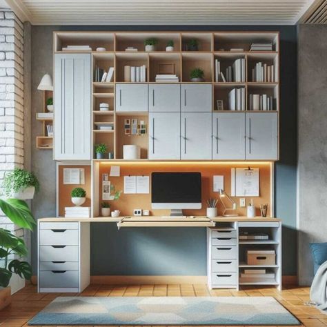 17 Wall Storage Ideas: Maximize Your Space with Style » HomeDecorFull Desk Wall Cabinets, Wall Storage With Desk, Wall Storage Ideas, Small Home Office, Wall Storage, Office Walls, Wall Cabinet, Desk Storage, Small Home