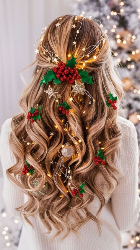 Christmas Photos Hairstyles, Lights In Hair Christmas, Christmas Fun Hairstyles, Christmas Hair Decorations, Christmas Theme Hairstyle, Christmas Lights In Hair, Fun Party Hairstyles, Christmas Hairstyles Updo, Fun Christmas Hair Ideas