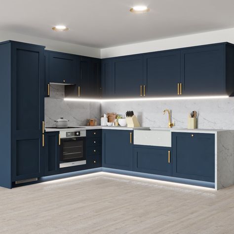 Howdens Chelford, Kitchen Howdens, Blue Kitchen Inspiration, Blue Kitchen Designs, Navy Kitchen, Classy Kitchen, Kitchen Modular, Kabinet Dapur, Modern Kitchen Cabinet Design