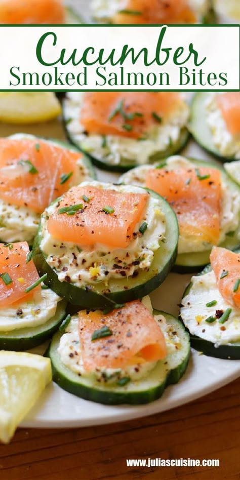 Quick and tasty Cucumber Smoked Salmon Bites are the perfect entertaining no cook appetizer. Cool and fresh cucumber slices topped with herb cream cheese and thinly sliced smoked salmon. Great for dinner parties or to enjoy with a summer beverage. Appetizer For Seafood Dinner, Smoked Salmon Skewers, Smoked Salmon Appetizer Bites, Simple Hors D’oeuvre Ideas, Sliced Salmon Appetizer, Appetizer Recipes Cucumber, Smoked Salmon Bites Recipe, Cold Salmon Appetizers, Cucumber Salmon Cream Cheese