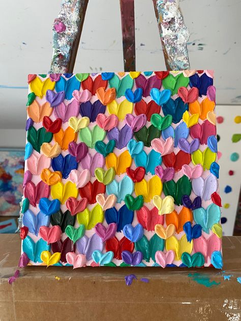 Oil on canvas #annmariecoolick #hearts #rainbowart Pom Pom Canvas Art, Hearts Painting On Canvas, Texture Heart Painting, Painting Hearts On Canvas, Easy Texture Painting, Thick Paint On Canvas, Chunky Painting, Hearts On Canvas, Heart Painting On Canvas