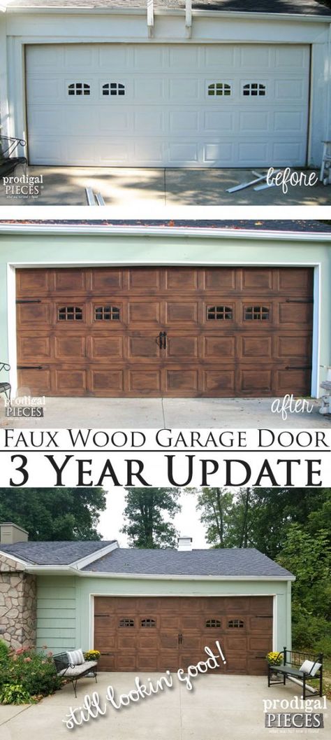 Faux Wood Garage Door 3 Year Update - Still Lookin' Good! | DIY tutorial by Prodigal Pieces | www.prodigalpieces.com Garage Door Update, Faux Wood Garage Door, Carriage Garage Doors, Wooden Garage Doors, Wood Garage, Wood Garage Doors, Garage Door Makeover, Carriage Doors, Diy Garage Door