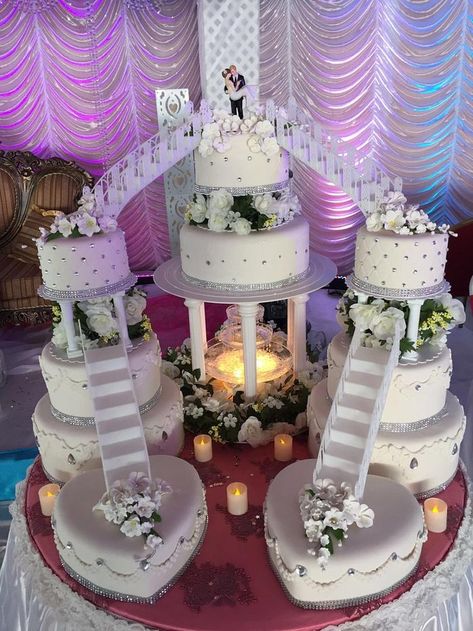 Cake With Stairs Design, Wedding Cake With Acrylic Separator, Staircase Wedding Cake, Fountain Wedding Cakes Stairs, Wedding Cake Chandelier, Princess Wedding Cakes, 100 Crochet Stitches, Princess Wedding, Cake Designs