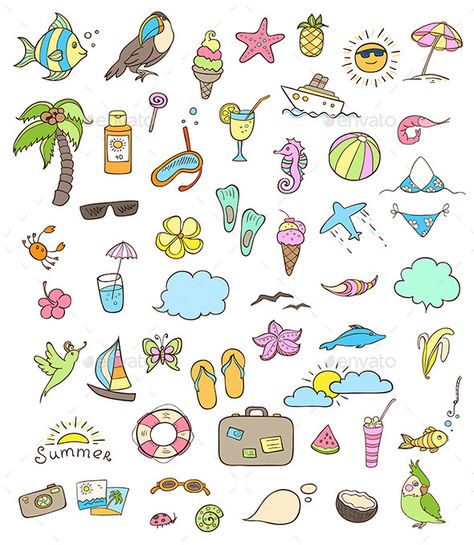 Summer Icons (JPG Image, Vector EPS, CS, airplane, ball, banana, bird, camera, cloud, cocktail, dolphin, drink, fish, flip flop, flower, ice cream, lifebuoy, mask, palm, parrot, photo, Sea Horse, shell, ship, suitcase, summer, sun, sunglasses, travel, tropical) Easy To Draw Summer Doodles, Summer Doodle Art, Summer Symbols Drawing, Summer Simple Drawings, Summer Illustration Art Drawings, Drawing Summer Ideas, Summer Things To Draw, Simple Summer Drawings, Summer Drawings Doodles