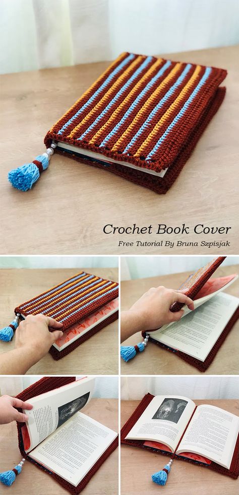 Crochet Book Cover With A Tassel Bookmark Crochet Bookmark Tassel, Crochet Planner Cover, Crochet Journal Cover Free Pattern, Crochet Patterns Book Cover, Knitting Book Cover, Free Crochet Book Cover Patterns, Crochet Book Covers Free Patterns, Bookish Crochet Ideas, Knit Book Cover