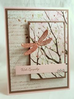 Interesting Card Ideas, Handmade Sympathy Cards, Dragonfly Cards, Leaf Stamp, Cards Sympathy, Dragonfly Garden, Asian Cards, Sympathy Cards Handmade, Pink Dragonfly