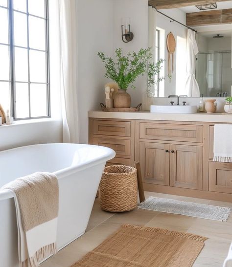 Beach Bathroom Ideas Coastal Style Bath, Warm Wood Bathroom, White Bathroom With Wood Accents, Country Modern Bathroom, Walk In Shower With Window, House Ideas Bathroom, Tan And White Bathroom, White And Wood Bathroom, Master Bath With Tub