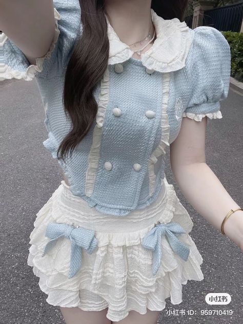 Blue And White Dress Outfit Classy, Blue Coquette Outfit, Cute Blue Outfits, Vampire Ocs, Heavenly Clothes, Pastel Blue Outfit, Baby Blue Outfit, Soft Ideas, Cutesy Outfit