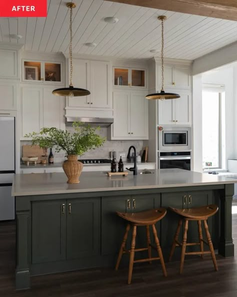 A "Sterile" White Kitchen Is Transformed in a No-Demo Makeover | Apartment Therapy Moody Farmhouse, Green Kitchen Island, Kitchen Styling Modern, Remodel Kitchen Ideas, Before After Kitchen, Kitchen 2024, Grey Countertops, Green Kitchen Cabinets, Kitchen Refresh