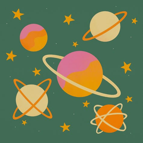 Space Illustration Aesthetic, Vintage Space Illustration, Retro Space Wallpaper, Space Graphic Design Illustration, Outer Space Color Palette, Colorful Star Aesthetic, Retro Space Color Palette, Planets Graphic Design, Space Design Graphic