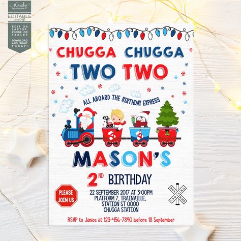 "All Aboard for a festive celebration with our Christmas Birthday Invitation! This adorable invitation features a whimsical train design adorned with Christmas art, making it the perfect choice for a boy's 2nd birthday party. Customize the details to create a personalized \"Chugga Chugga, Two-Two\" invitation that will delight your guests. Bring the magic of the Holiday Season to your little one's special day as you embark on a fun-filled journey of joy and merriment. Get ready to celebrate with Christmas 2 Year Birthday, 2nd Birthday December, 2nd Christmas Birthday Party, Winter Themed 2nd Birthday Party, Two Year Old December Birthday, Two Year Old Christmas Birthday Party, December 2nd Birthday Party Ideas, 2nd Birthday Christmas Theme, Christmas Themed 2nd Birthday Party