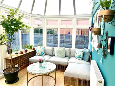 Teal Conservatory Ideas, Scandi Conservatory Ideas, Shabby Chic Conservatory, Colourful Conservatory Decor, Conservatory Bedroom Ideas, Cosy Conservatory Ideas Sunrooms, Boho Conservatory, Conservatory Seating, Conservatory Furniture Ideas