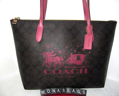 Great Shopping Coach CN626 Horse & Carriage Brown Signature Rouge Leather Top Zip Tote Bag NWT, Bags Coach Red Shoulder Bag With Branded Hardware, Red Coach Bag With Double Handle, Coach Burgundy Shoulder Bag With Gold-tone Hardware, Coach Bag With Zipper Closure For On-the-go, Horse Carriage, Zip Tote, Coach Horse And Carriage Tote, Coach Handbags, Leather Top