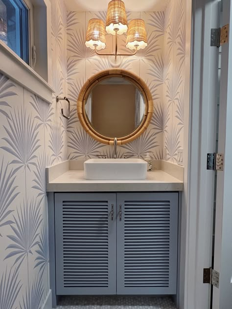 Small Coastal Half Bath, Fun Bathroom Wallpaper Coastal, Perigold Wallpaper Bathroom, Powder Room Coastal Half Baths, Beach House Bathroom Vanity, Coastal Bathroom With Wallpaper, Half Bath Wallpaper Coastal, Beach Condo Bathroom Ideas, Beachy Half Bath