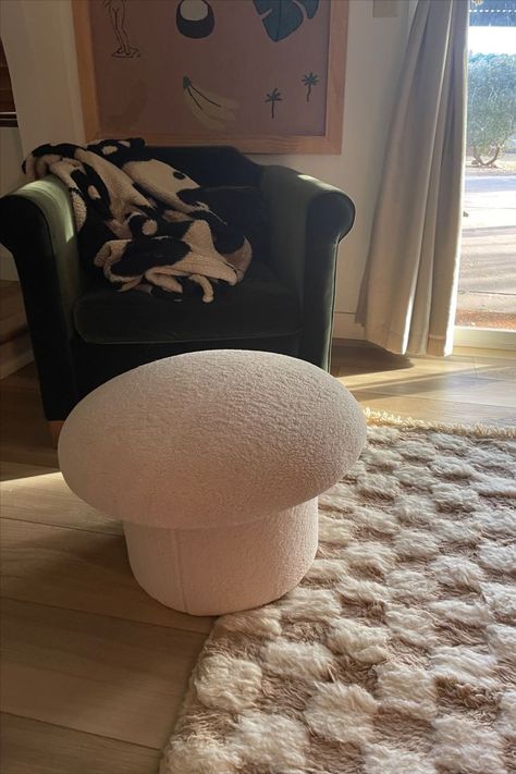 Target Mushroom Stool, Sherpa Stool, Cottagecore Chair, Checkered Ottoman, Diy Mushroom Stool, Checkered Rug Living Room, Off White Decor, Condo Aesthetic, Sherpa Ottoman