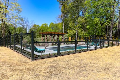 15 Pool Fence Ideas to Make Your Backyard a Great Escape - Garon Fence Pool Fence Design Ideas, Inground Pool Landscaping With Fence, Backyard Pool With Fence, Cheap Pool Fence Ideas, Trex Pool Deck Ideas, Gated Pool Backyards, Diy Pool Fence Ideas Cheap, Fencing Around Pool, Swimming Pool Fence Ideas