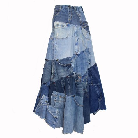 Patchwork Denim Maxi Skirt, Recycled Jeans Clothes, Denim Skirt Made From Jeans, Diy Long Denim Skirt, Denim Remake Ideas, Streetwear Fashion Autumn, Recycled Denim Fashion, Upcycled Denim Skirt, Patchwork Denim Skirt