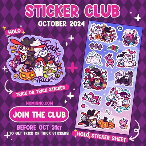 Hello everyone! Here’s my October Sticker Club reward! It’s perfect for spooky season! They will be available after 10 pm AEST today (30th of September) 🗓️ 【Tiers】 🍅Tomato Slayer - Monthly Die-cut Sticker 🍳Sunny Side - Monthly Sticker Sheet 🍩Donut Delight - Monthly Die-cut Sticker + Sticker Sheet 【Size & Material】 Trick or Trick Sticker Sheet: 8.3cm x 16.5cm Trick or Trick Die-cut Sticker: 6.1cm x 6.9cm Holographic sticker 【Date】 You can only obtain the October rewards by purchasing a memb... Sticker Sheet Ideas, Donut Delight, Bg Design, Artist Branding, Reward Stickers, Artist Alley, 10 Pm, Cute Little Things, Art Inspiration Drawing