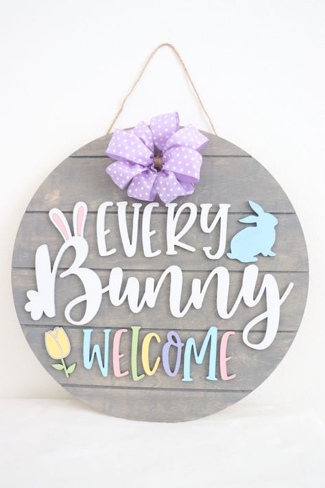 Hoop Crafts, Wood Lettering, Easter Door Wreaths, Welcome Door Hanger, Farmhouse Easter Decor, Easter Door Hanger, Door Signs Diy, Easter Door, Halloween Tattoo