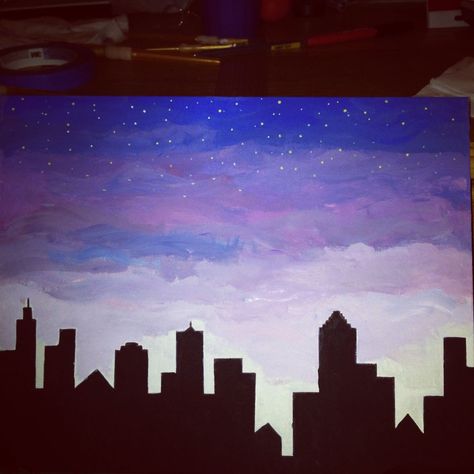 City Skyline Silhouette Painting, Easy New York Painting, City At Night Painting Easy, City Skyline Painting Easy, Nighttime Painting, Nighttime City, Firework Painting, Skyline Painting, Building Painting