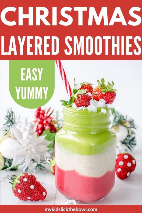 These super fun Layered Christmas Smoothies are a healthy Christmas treat! This festive Christmas breakfast idea will get your kids up and moving, and helping in the kitchen. Packed with nutrition - you family will love this healthy snack! #smoothie #christmas #cookingwithkids Christmas Smoothie Recipes, Christmas Smoothie, Smoothie Business, Xmas Meals, Holiday Smoothies, Christmas Smoothies, Layered Smoothie, Healthy Christmas Snacks, Healthy Christmas Treats