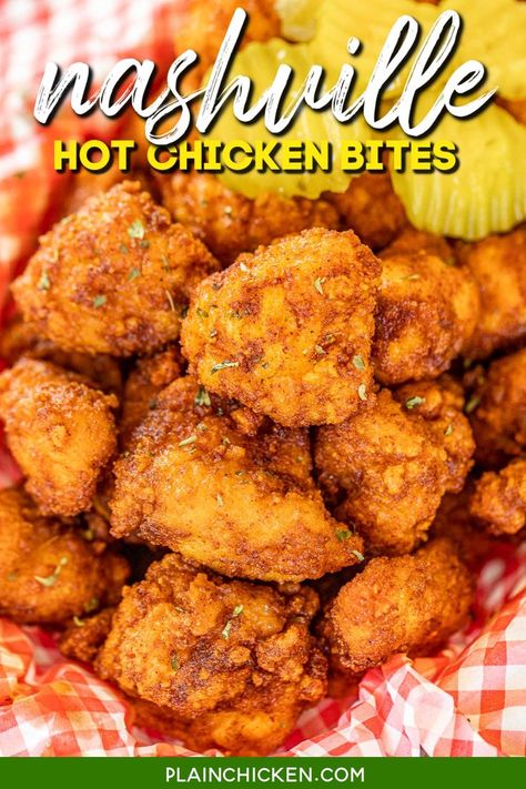 Nashville Hot Chicken Bites, Spicy Chicken Bites, Nashville Hot Chicken Recipe, Frozen Popcorn, Plain Chicken Recipe, Hot Chicken Recipe, Nashville Chicken, Chicken Bites Recipes, Popcorn Chicken Recipe