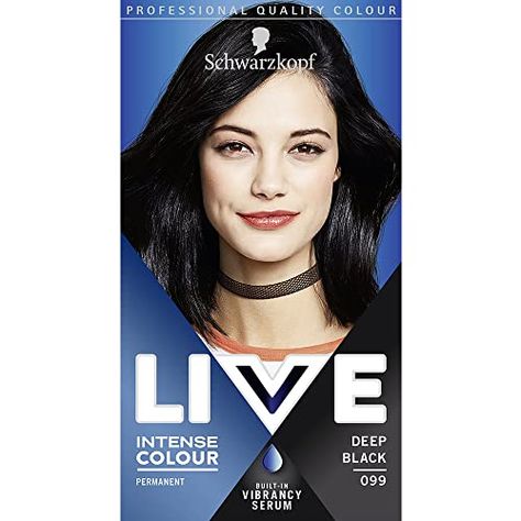 Schwarzkopf LIVE Intense Colour, Long Lasting Permanent Black Hair Dye, With Built-In Vibrancy Serum, Up To 100% Grey Coverage, Deep Black 099 Jet Black Hair Dye, Brown To Black Hair, Black Hair Dye, Covering Gray Hair, Jet Black Hair, Hair Color Shades, Permanent Hair Dye, Hair Strand, African Hairstyles