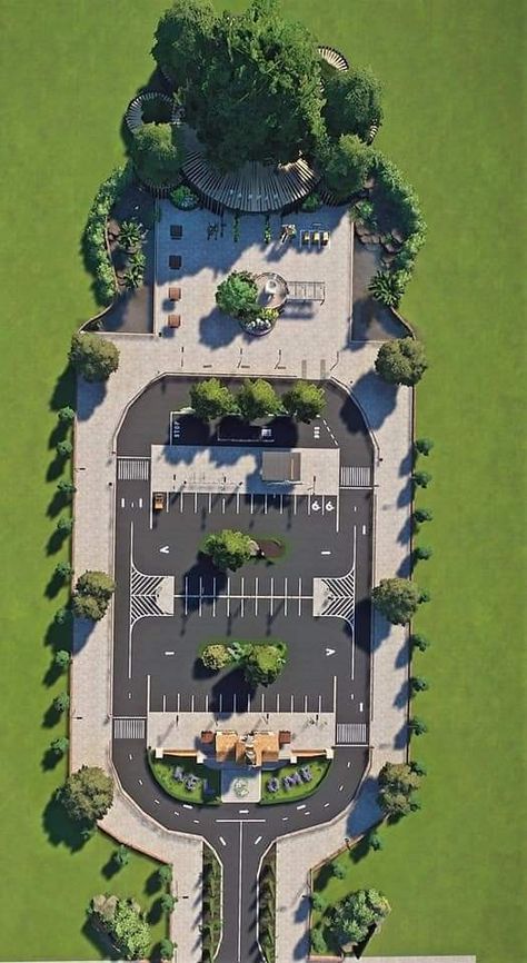 Planet Zoo Parking Lot, Landscape Parking Design, Parking Lot Design Architecture, Zoo Design Architecture, Park Entrance Design Landscape, Parking Plan Architecture, Parking Entrance Design, Planet Coaster Entrance, Parking Design Plan