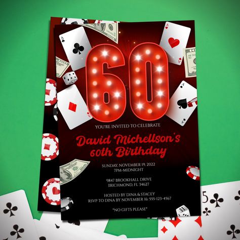 "60th Birthday Casino invitation, 60th invitation Casino Theme, Poker Party, Casino Theme Invitations for Birthday by PYOP.  This is for an editable invitation template as shown.  Web-based template:  you can download and personalize this invitation as soon as you checkout, through any browser, on any computer or phone with wifi.  * All text underneath \"60\" is editable * You can change colors, sizes and fonts of all text.  (graphics are not editable) * The coordinating back design is included Dominos Theme Party Birthday, Casino Theme Invitations, Invitations For Birthday, Casino Birthday Party, Prince Baby Shower Invitations, Casino Party Invitations, 90th Birthday Invitations, Casino Birthday, 70th Birthday Invitations